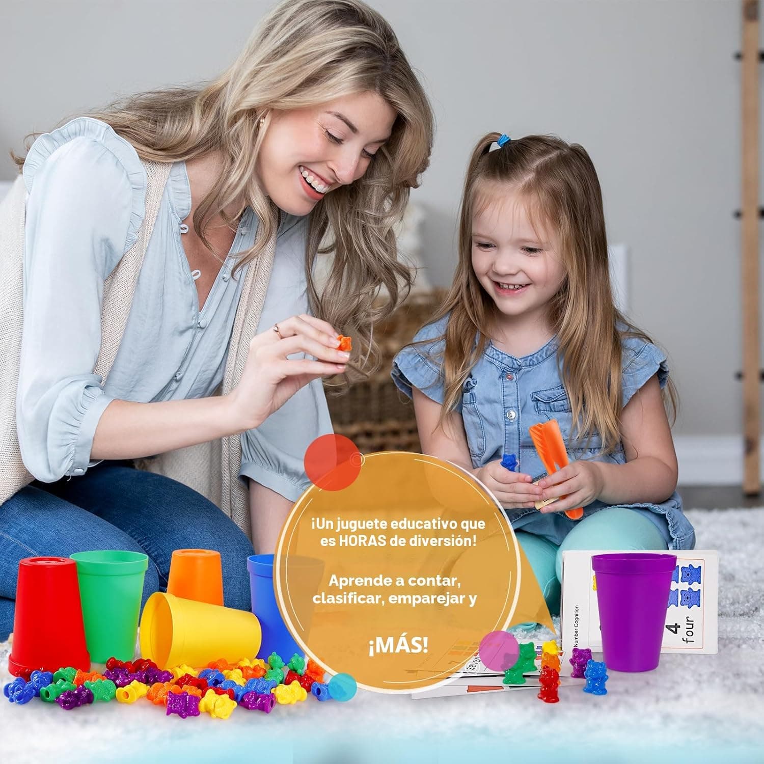 Bmag Contar osos con tazas de clasificación a juego, juguetes de aprendizaje preescolar, juegos de reconocimiento de color y matemáticas miniatura 3