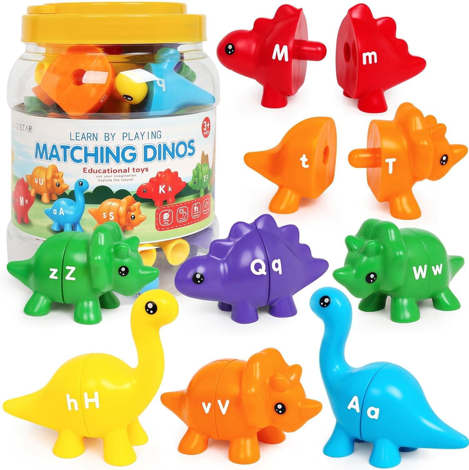 Juguetes de aprendizaje del alfabeto de dinosaurio, 13 piezas de juego de dinosaurios de doble cara para niños