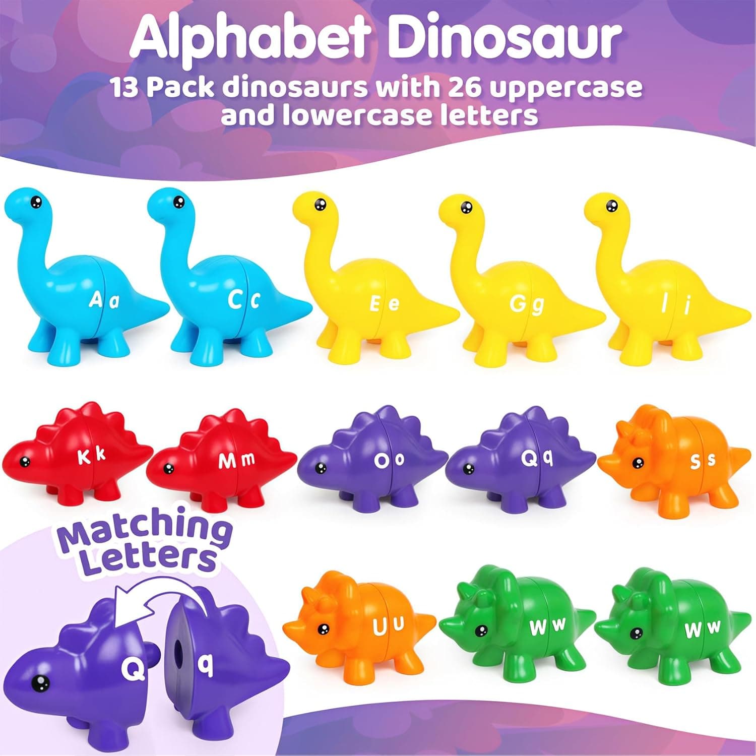 Juguetes de aprendizaje del alfabeto de dinosaurio, 13 piezas de juego de dinosaurios de doble cara para niños miniatura 3
